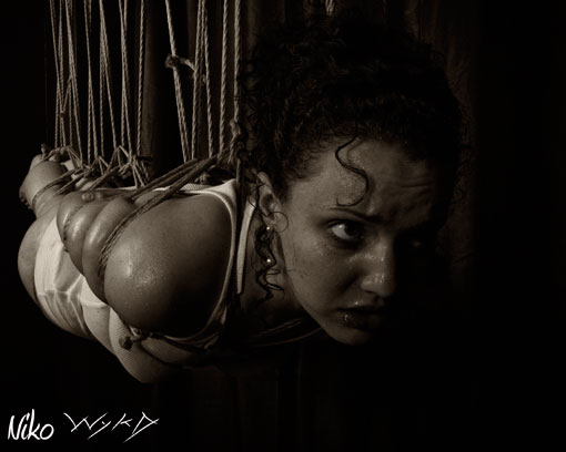 Molly Dolly sweating in multi point shibari suspension bondage